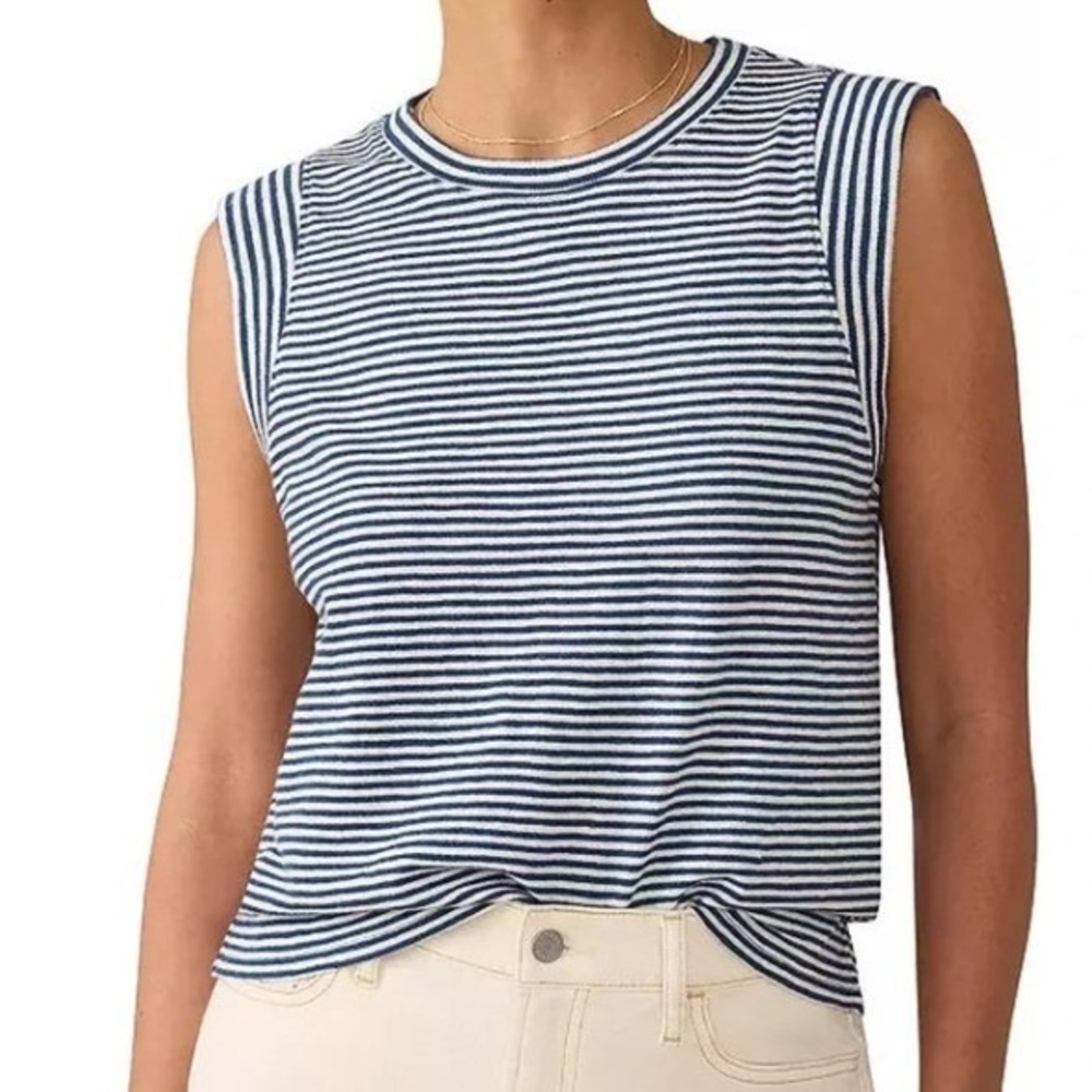 Faherty Sunwashed Stripe Organic Cotton Slub Muscle Tank Top Blue White Medium
